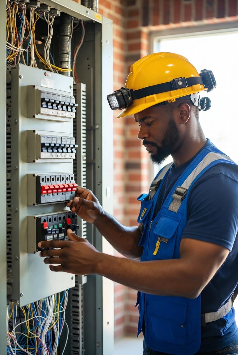 A licensed journeyman electrician in a yellow hard hat inspecting an electrical panel in Texas
