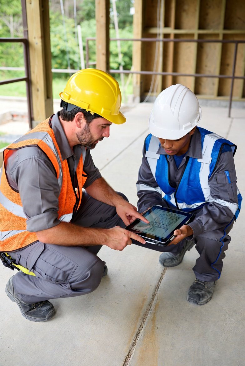 Experienced master electrician and Texas apprentice reviewing CE course on tablet