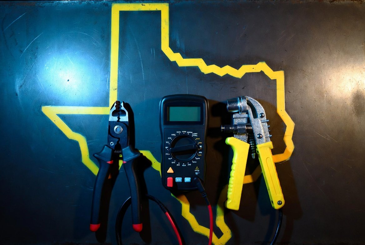 Electrician tools flat lay including wire strippers, multimeter, and conduit bender