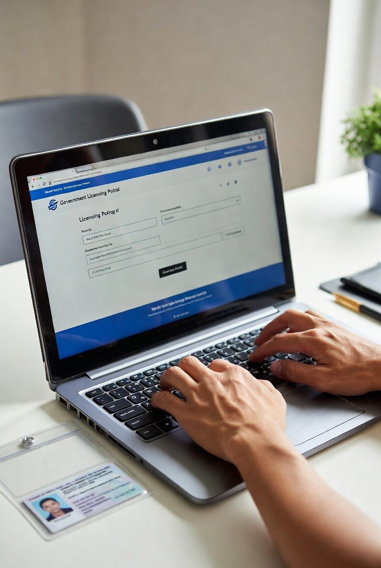 Hands typing on a laptop showing the TDLR online licensing portal