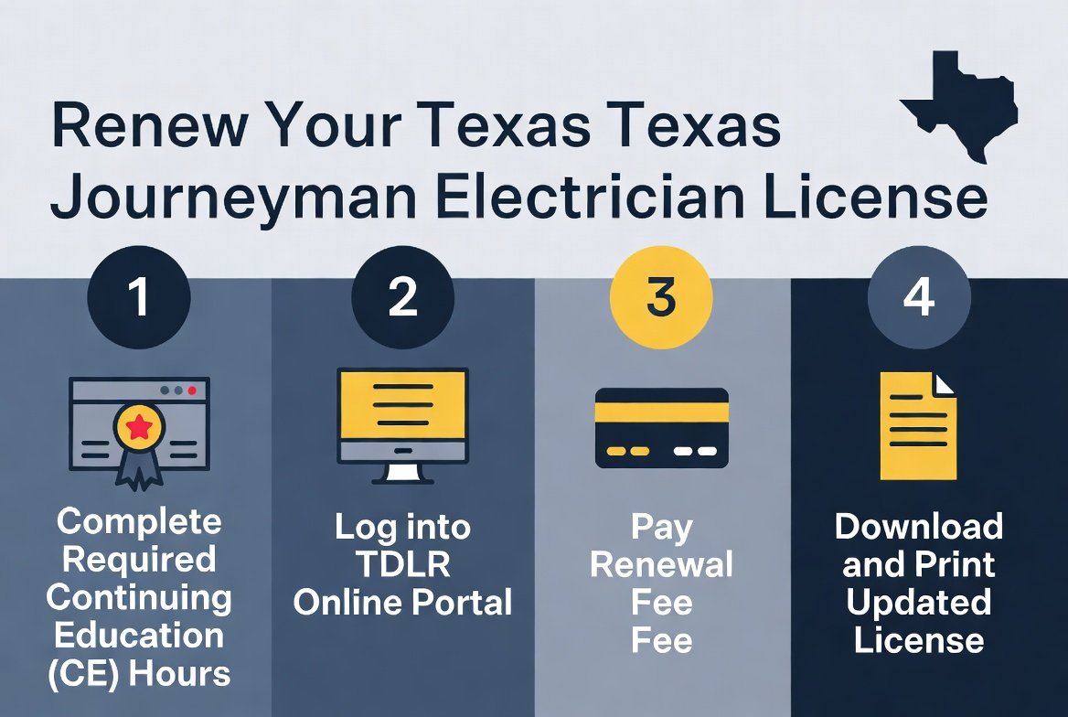Infographic showing the 4 steps to renew a Texas journeyman electrician license