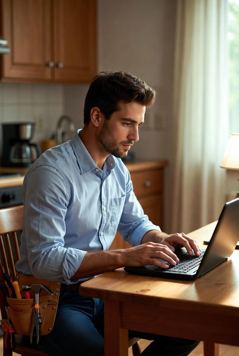 Male electrician in work clothes sitting at a kitchen table completing online CE courses on a laptop