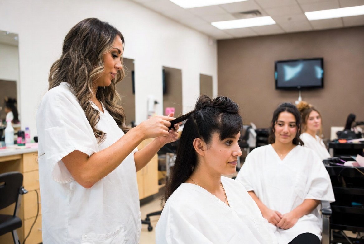 Professional cosmetology instructor teaching in Texas beauty school