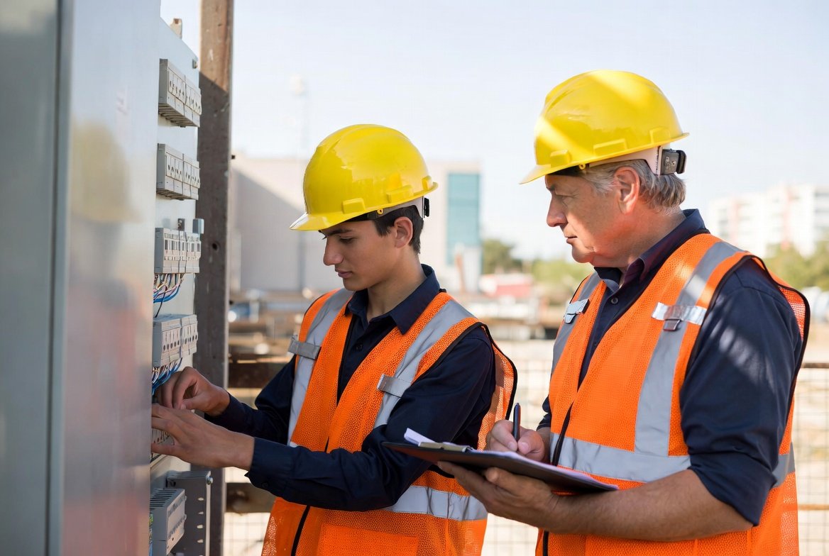 Young electrician apprentice in yellow hard hat working alongside a licensed journeyman electrician on a commercial electrical panel in Texas