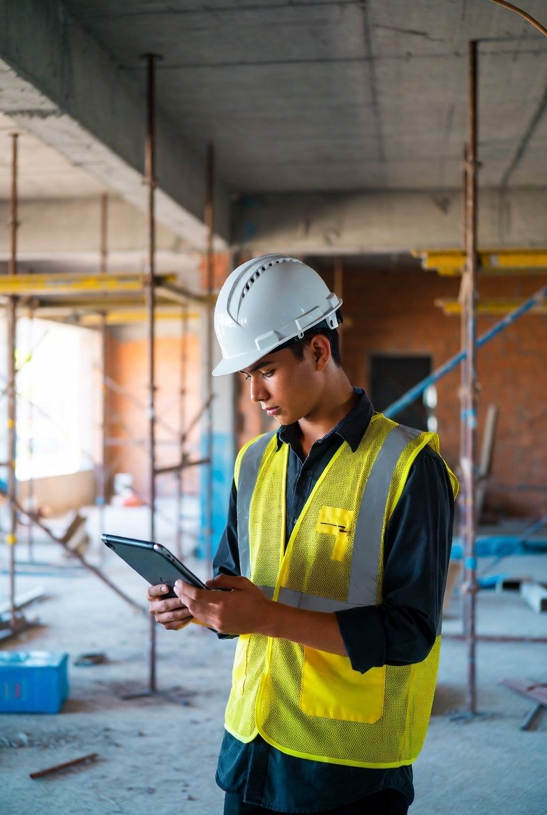 Young male electrician in hard hat reviewing his TDLR credentials on a tablet